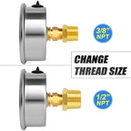 MEANLIN MEASURE 0~50Psi Stainless Steel 1/4" NPT 2.5" FACE DIAL Liquid Filled Pressure Gauge WOG Water Oil Air Center Back Mount, with 1/4" x 1/2" NPT and 1/4" x 3/8" NPT Hex Bushing