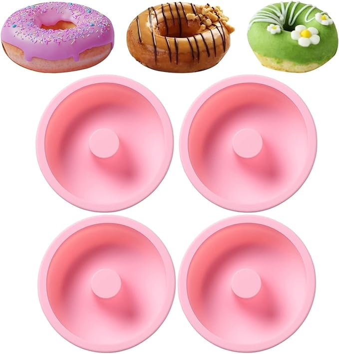 4 Inches Silicone Donuts Pan Set, 4 Pieces Non-stick Pastry Molds Cake Baking Molds for Bagel and Doughnut Cake Pans (Pink)