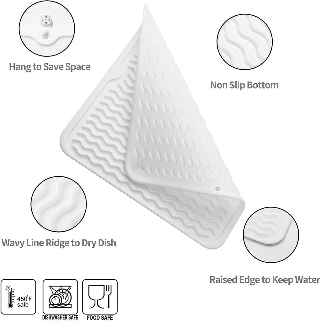 Silicone Dish Drying Mat for Multiple Usage,Easy clean,Eco-friendly,Heat-resistant Silicone Mat for Kitchen Counter or Sink,Refrigerator or Drawer liner White M 12 inches x 12 inches
