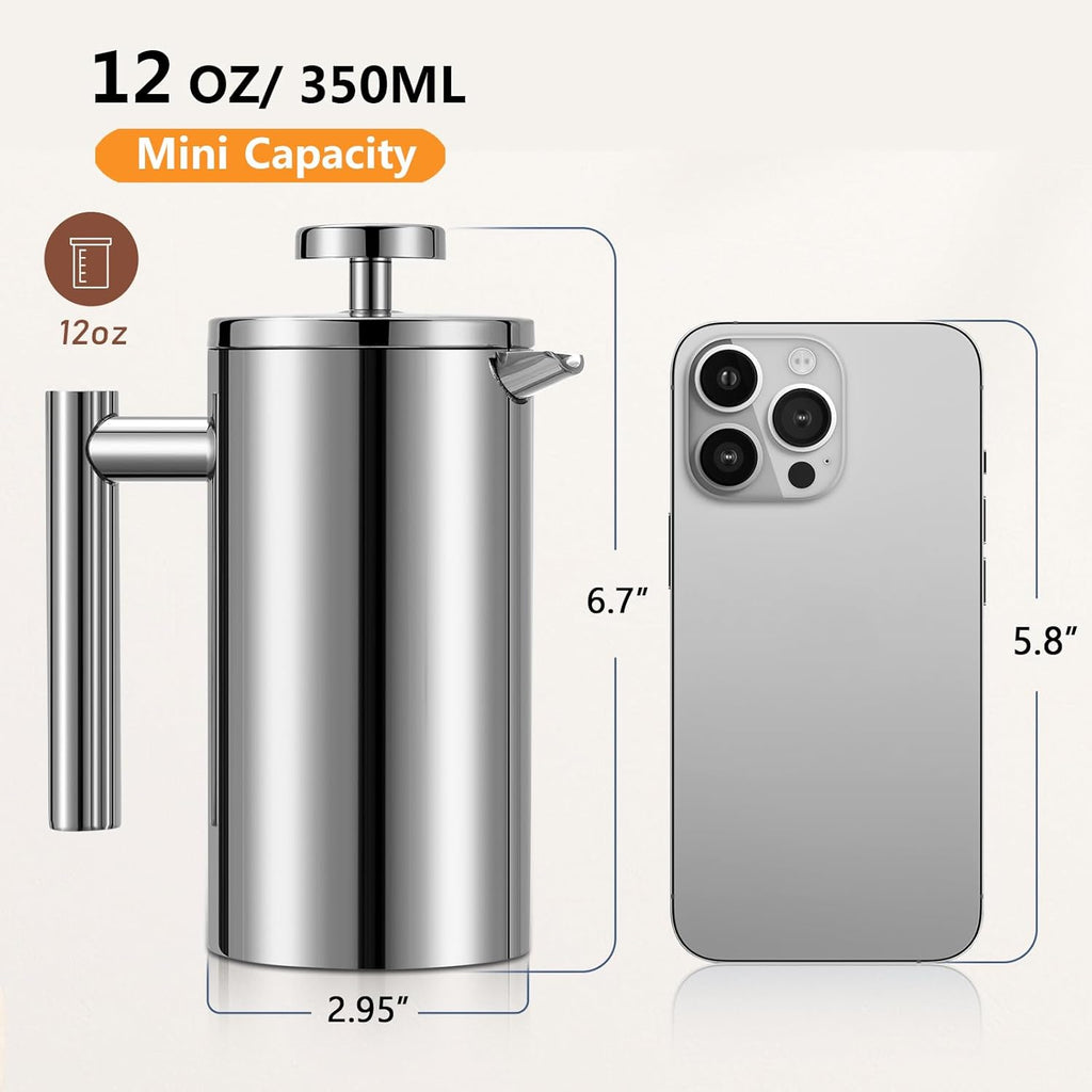 Small French Press 350ml, Double-Wall Insulated French Press Coffee Press Stainless Steel for travel camping, Single Cup Pour Over Coffee Maker (1 cup, 12 OZ)