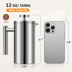 Small French Press 350ml, Double-Wall Insulated French Press Coffee Press Stainless Steel for travel camping, Single Cup Pour Over Coffee Maker (1 cup, 12 OZ)