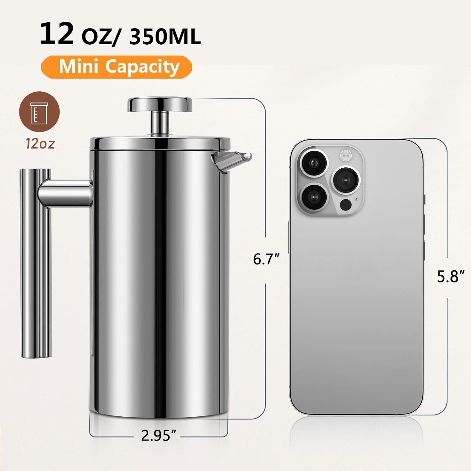 Small French Press 350ml, Double-Wall Insulated French Press Coffee Press Stainless Steel for travel camping, Single Cup Pour Over Coffee Maker (1 cup, 12 OZ)