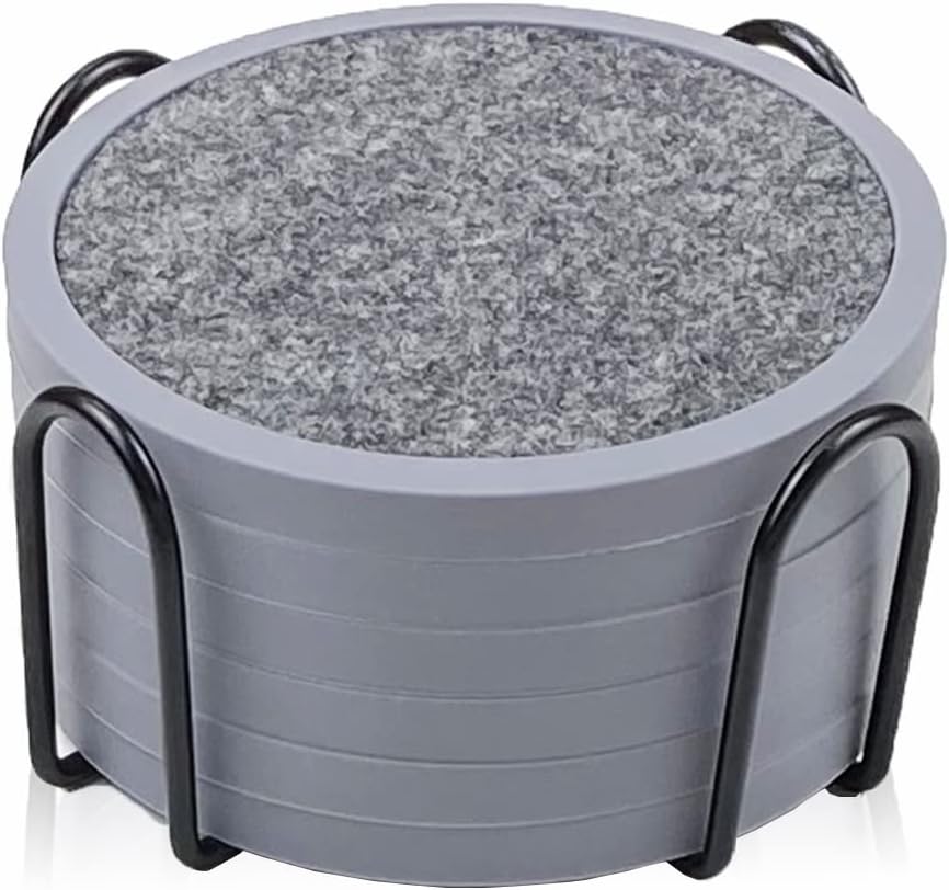 Absorbent Coasters for Drinks with Holder - 6packs, Silicone Coaster with Soft Felt Insert (4.3 inch Coasters with 4.5 inch Holder, t, Black and Gray)