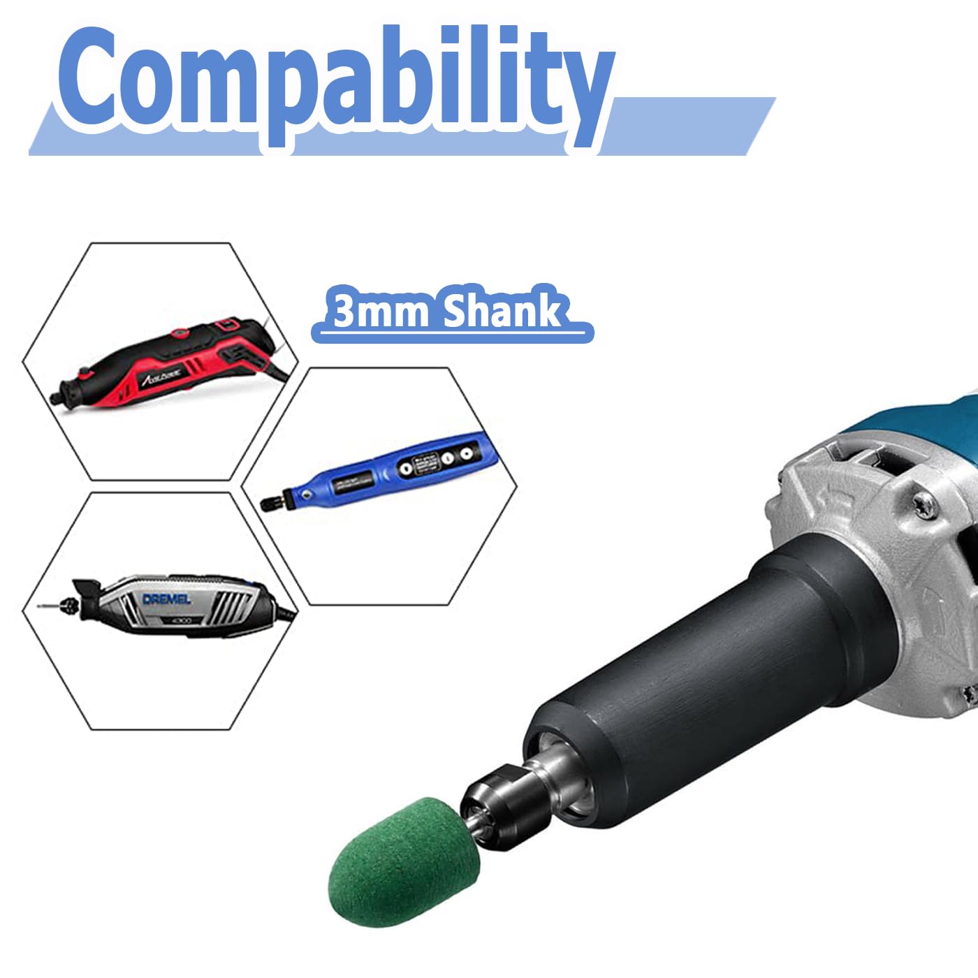 Mesee 39Pcs Rubber Polishing Bit Set, Assorted Grinding Head Buffing Wheel 13 Sizes Buffer Abrasive Bits 3mm Mandrel Bullet Cylinder Disc Shaped Polishing Burrs Bit Kit for Rotary Tools - Green