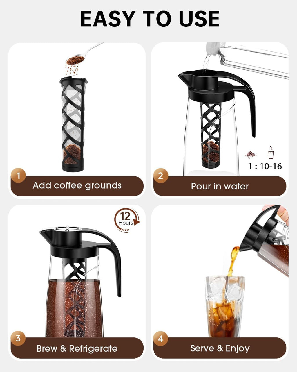 Cold Brew Coffee Maker, 70 oz (2100 ml) BPA Free Tritan Pitcher, Iced Coffee Maker and Tea Brewer, 100% Leak-Proof, Easy to Clean Reusable Mesh Filter, Black