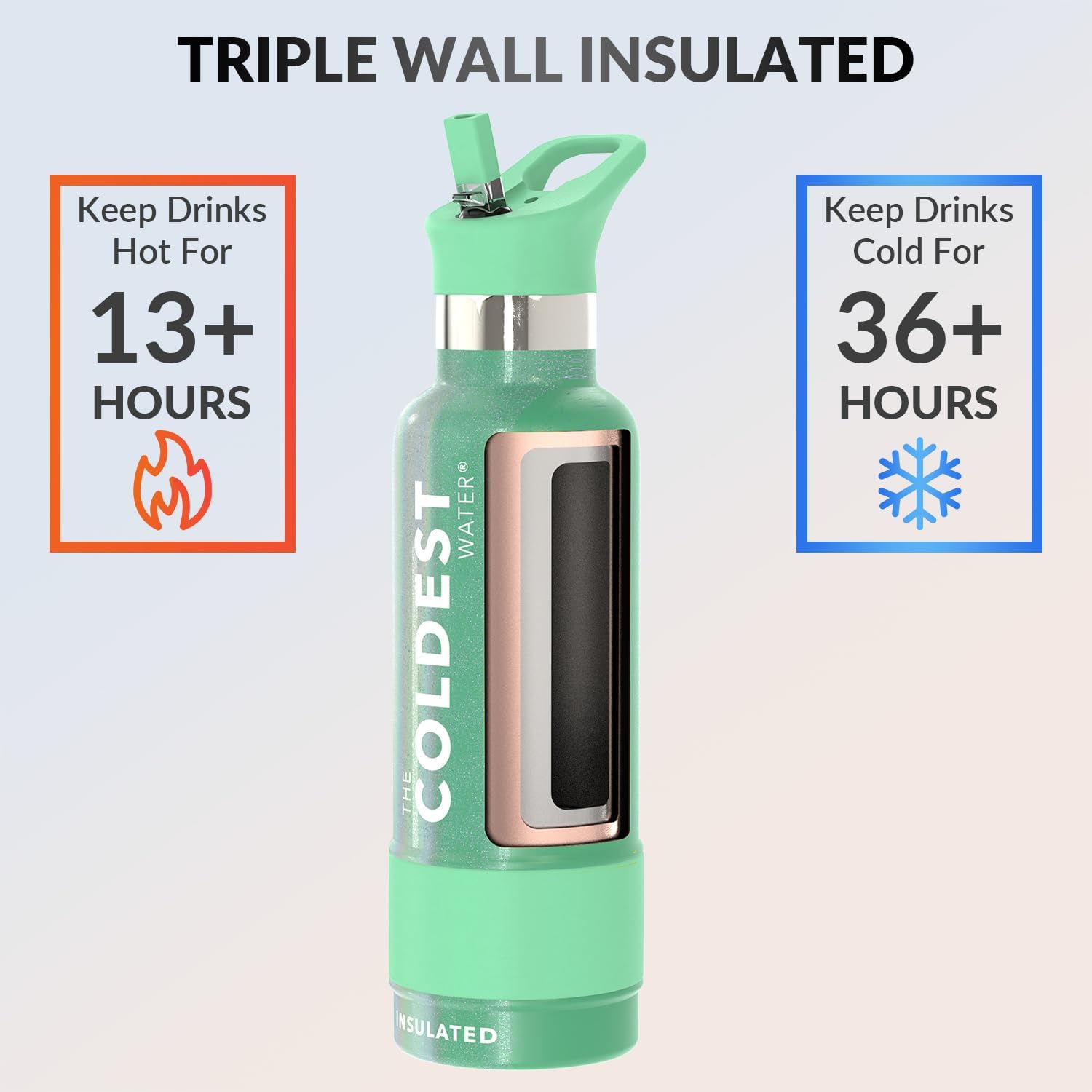 Coldest Insulated Water Bottle with Straw Lid - Stainless Steel Metal Insulated Bottle for Men & Women (Green Aurora Glitter, 21 oz)