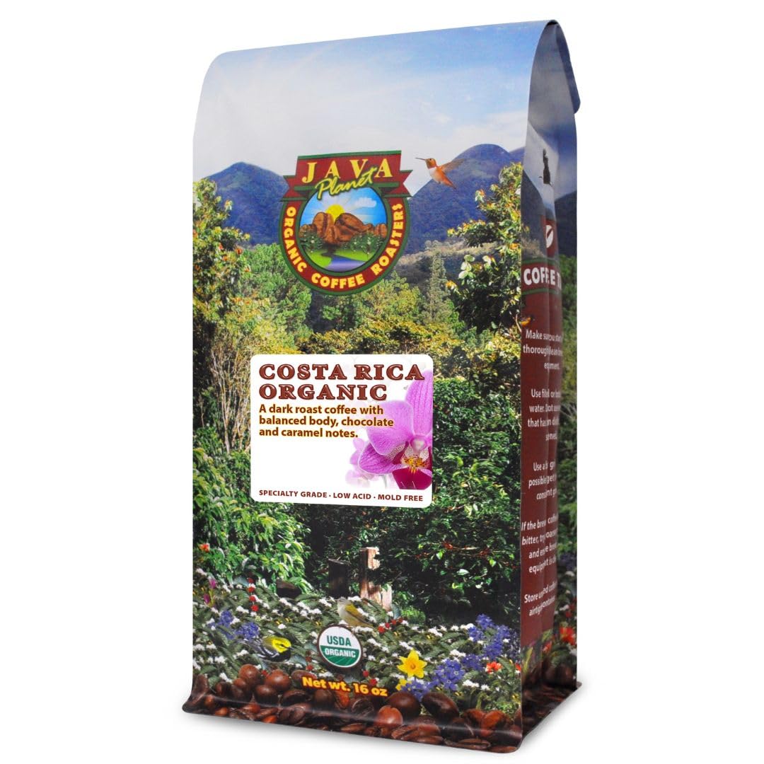 Low Acid Organic Coffee – Whole Bean, Mold-Free & Stomach Friendly by Java Planet, Costa Rican Single Origin Coffee, Dark Roast, Smooth Full Flavored, 1LB Bag