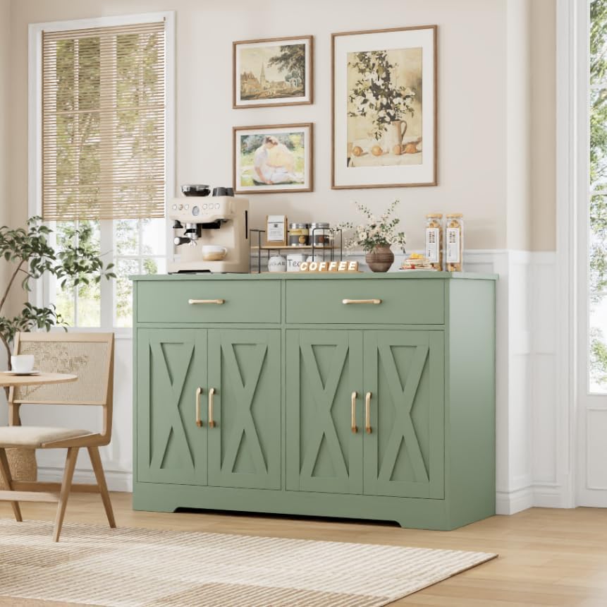 HOSTACK Buffet Cabinet with Storage, 47.2" Kitchen Sideboard Buffet with Drawers, Modern Farmhouse Coffee Bar Station with Shelves, Barn Doors Storage Cabinet for Living Room, Green