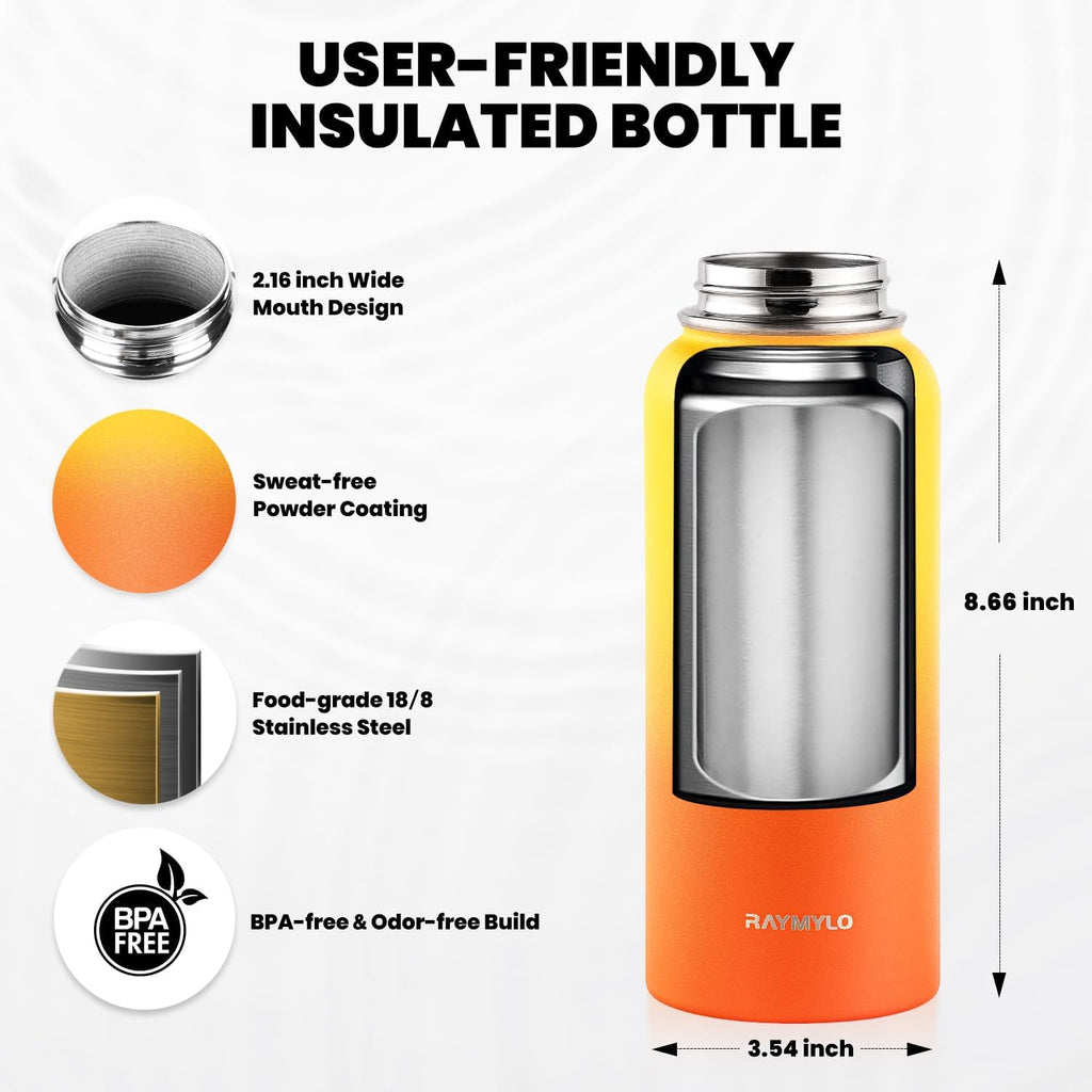 Insulated Water Bottle 32 oz, Triple Wall Vacuum Stainless Steel (Cold for 48 Hrs), Leak Proof & Non-BPA, Modern Water Flask Jug with Paracord Handle & Straw Spout Lids, Ombre Orange
