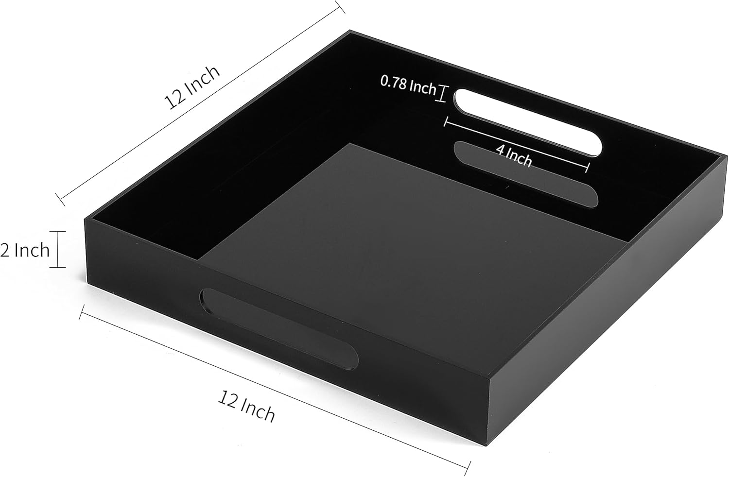 Glossy Black Sturdy Acrylic Serving Tray with Handles-12x12 Inch-Serving Coffee,Appetizer,Breakfast,Butler-Kitchen Countertop Tray-Makeup Drawer Organizer-Vanity Table,Ottoman Tray-Decorative
