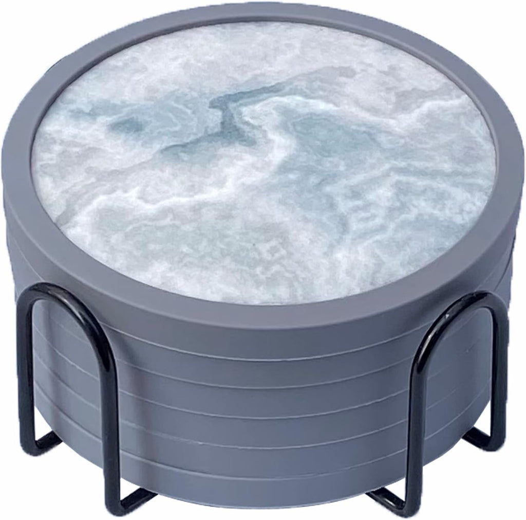 Absorbent Coasters for Drinks with Holder - 6packs, Silicone Coaster with Soft Felt Insert (4.3 inch Coasters with 4.5 inch Holder, Marble Style)