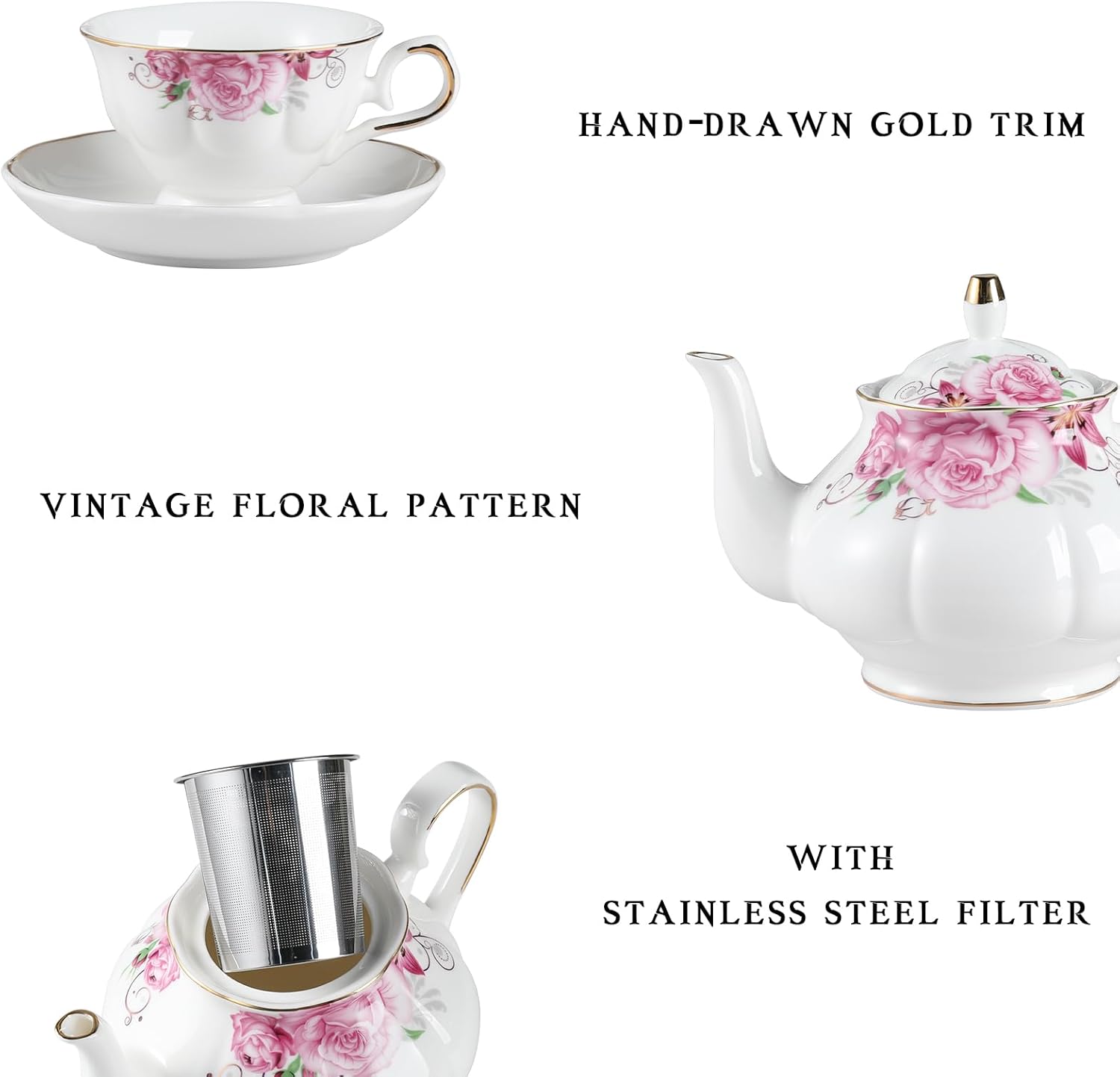 Sweejar Porcelain Tea Sets, Vintage British Floral Relief Gold Rimmed Teapot Cup and Saucer Set, Tea Set Service for 6, with Teapot, Sugar Bowl, Milk Jug, Spoons, Tea Cup and Saucer (Flower)