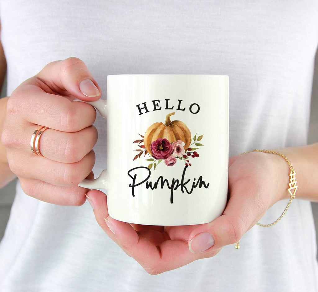 Andaz Press Fall Burgundy Marsala 11oz. Ceramic Coffee Tea Mug, Hello Pumpkin, 1-Pack, Pumpkin Floral Graphic, Birthday, Friend, Family, Coworker, Autumn Season, Festive Holiday Ideas