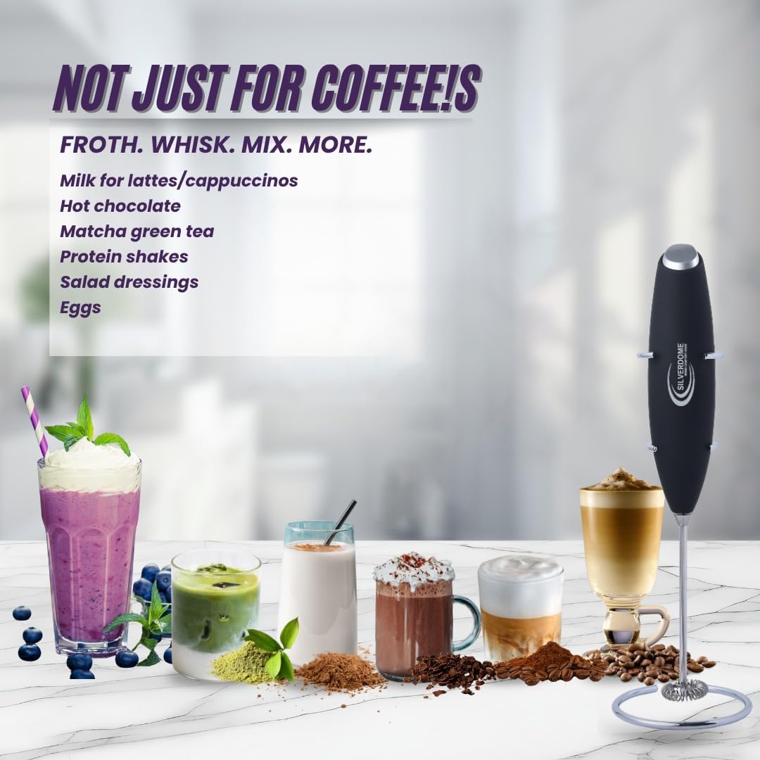 Silverdome's Powerful Handheld Milk Frother, Stainless Steel whisk for Silky Foam in Seconds, Battery Operated(Not Included), Perfect for café-style drinks, Coffee, Lattes, Cappuccino, Hot Chocolate.