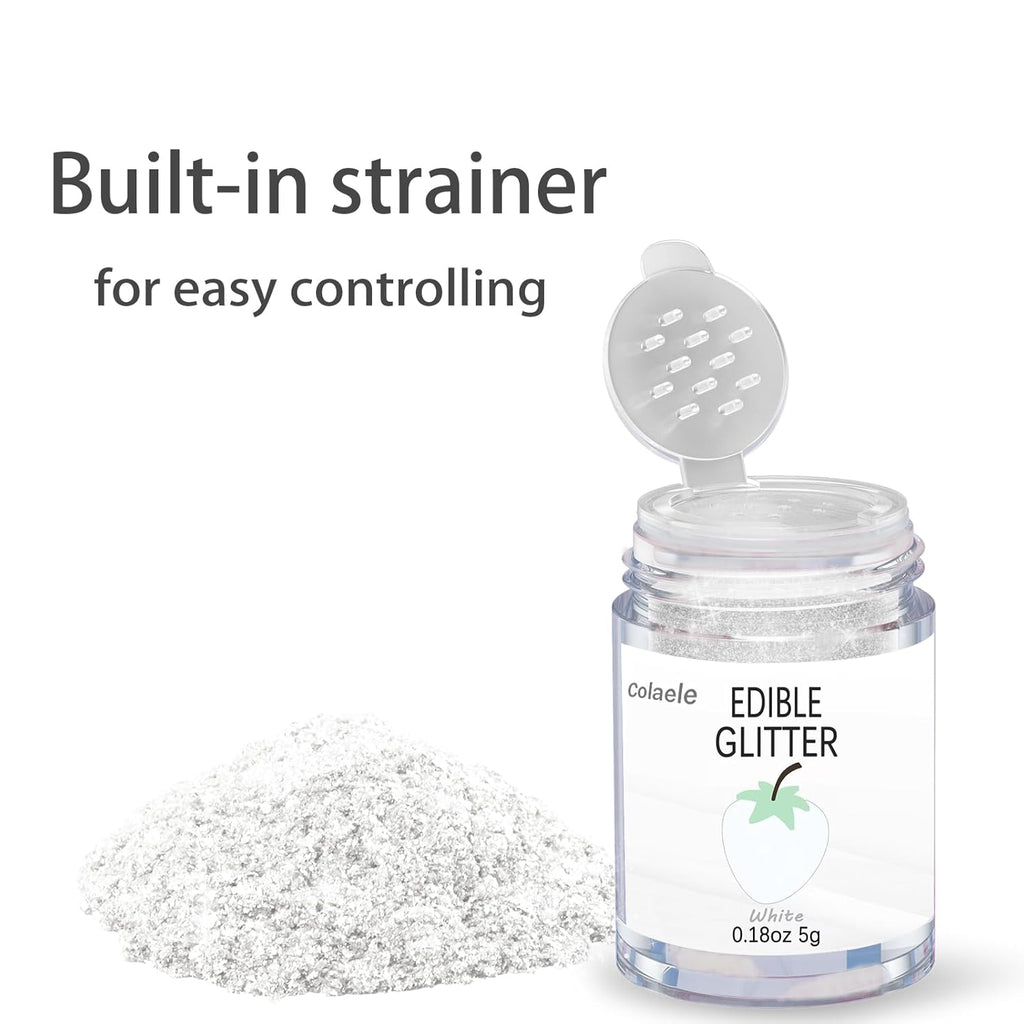 White Edible Glitter Glimmer Powder for Cakes Drinks - Colaele 5 grams Food-Grade Luster Dust Metallic Food Decorating Sprinkle Glimmery Brew Dust for Baking Dessert Chocolates Decorations, Vegan