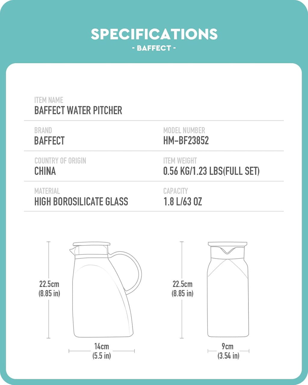 Baffect Water Pitcher, High Borosilicate Glass Jug with Stainless Steel Lid, Leakproof Fridge Door Carafe for Hot or Cold Beverage (1.8 L/63 oz.)