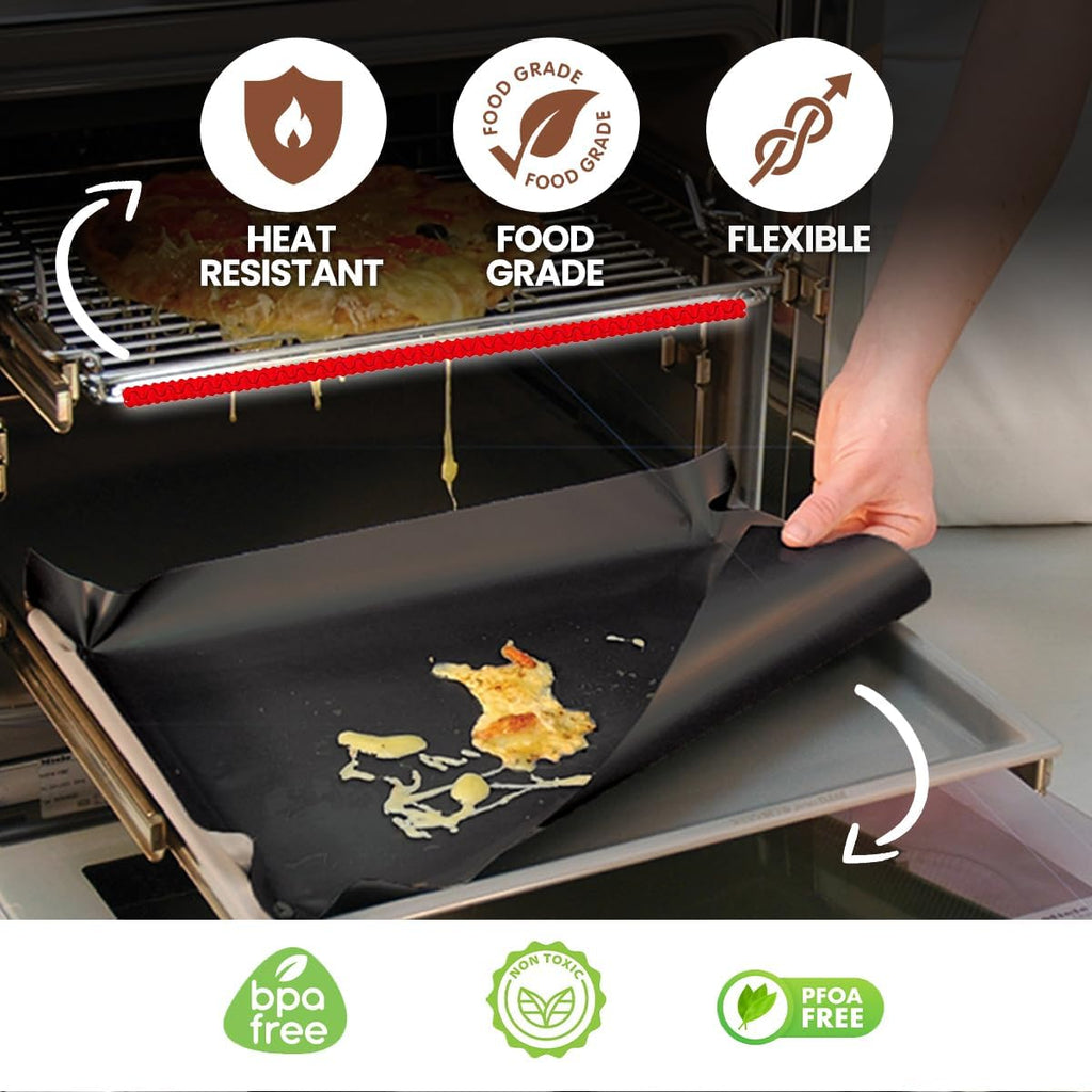 Oven Liners for Bottom of Oven Black (2-pack) Bundled with Rack Shield (2-pack) - Large Mat for Bottom of Stove (17"x 25") and 22" Red Range Guards for Racks - Reusable & Heat Resistant