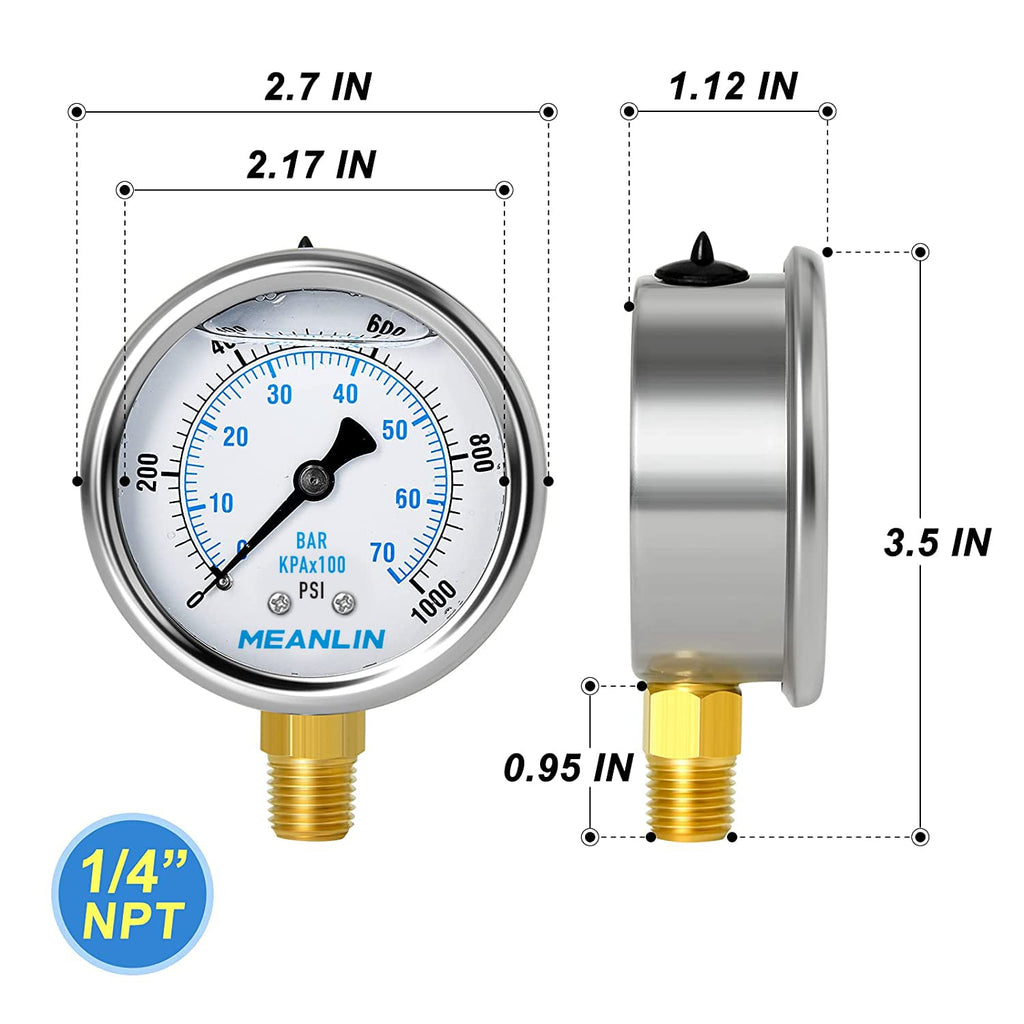 MEANLIN MEASURE 0~1000Psi Stainless Steel 1/4" NPT 2.5" FACE DIAL Liquid Filled Pressure Gauge WOG Water Oil Air Lower Mount, with 1/4" x 1/2" NPT and 1/4" x 3/8" NPT Hex Bushing
