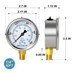 MEANLIN MEASURE 0~1000Psi Stainless Steel 1/4" NPT 2.5" FACE DIAL Liquid Filled Pressure Gauge WOG Water Oil Air Lower Mount, with 1/4" x 1/2" NPT and 1/4" x 3/8" NPT Hex Bushing