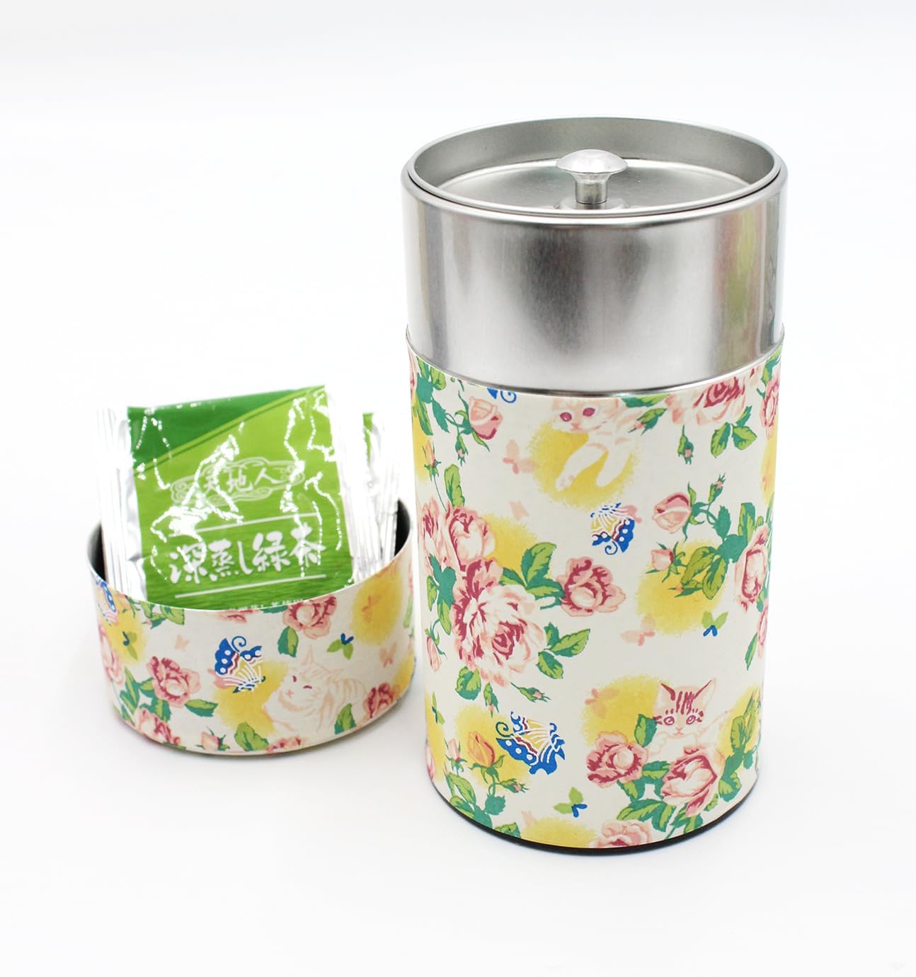 Japanese Pokkan Coffee Spice Tea Tin Canister Washi Paper Storage with Lid 7.05 oz Capacity (Neko/L)