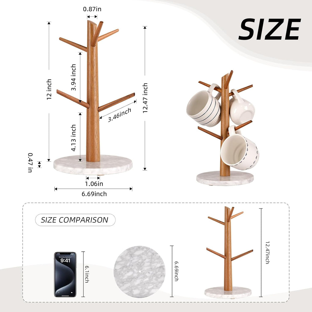 Acacia Wood Mug Tree, Marble Base Coffee Mug Tree for Counter, Mug Holder Tree with 6 Hooks for Kitchen Coffee Bar Mug Organize