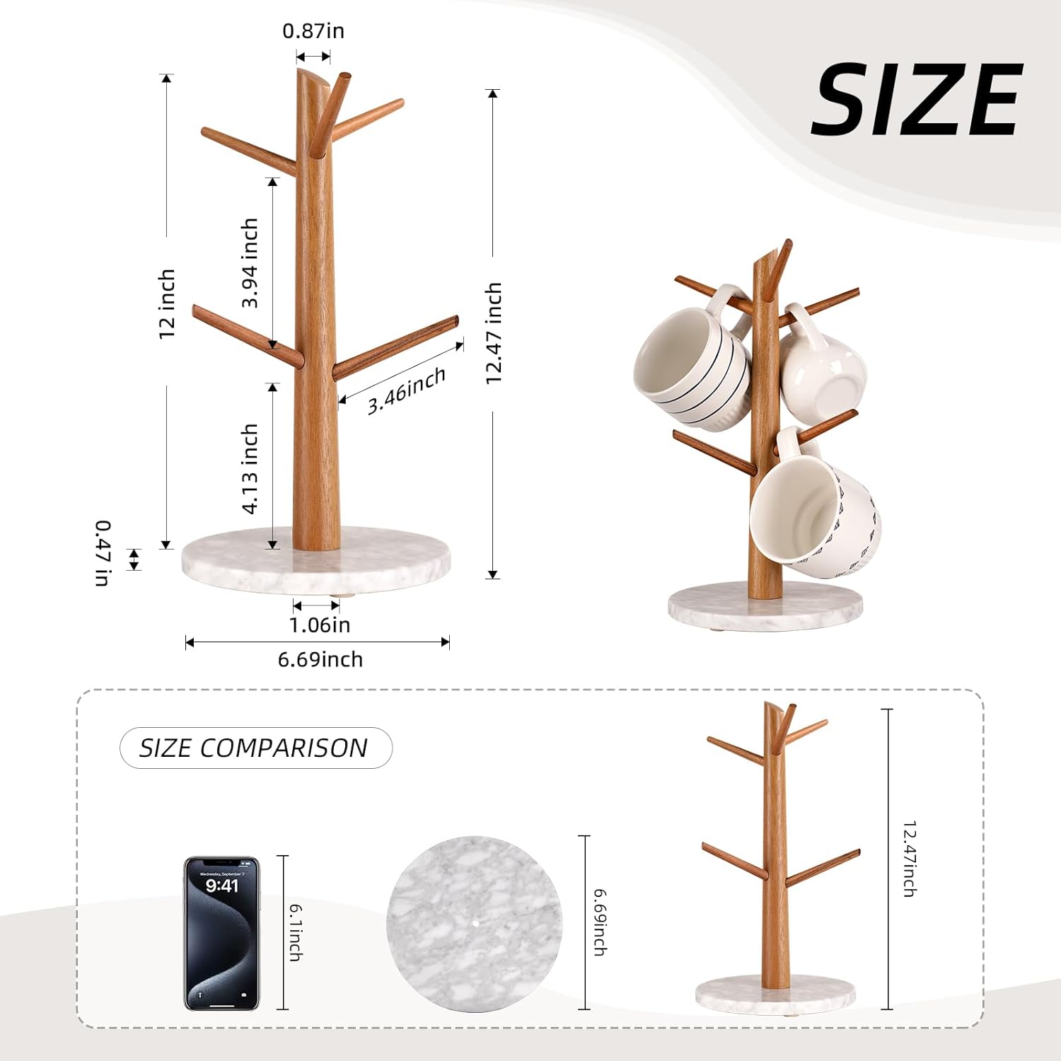 Acacia Wood Mug Tree, Marble Base Coffee Mug Tree for Counter, Mug Holder Tree with 6 Hooks for Kitchen Coffee Bar Mug Organize