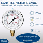 0-3000 Psi Glycerin Liquid Filled Hydraulic High Pressure Gauge, 2.5" Dial Size, 1/4" NPT Lower Mount, 304 Stainless Steel Case, for Water Oil Air Gas Pressure Test