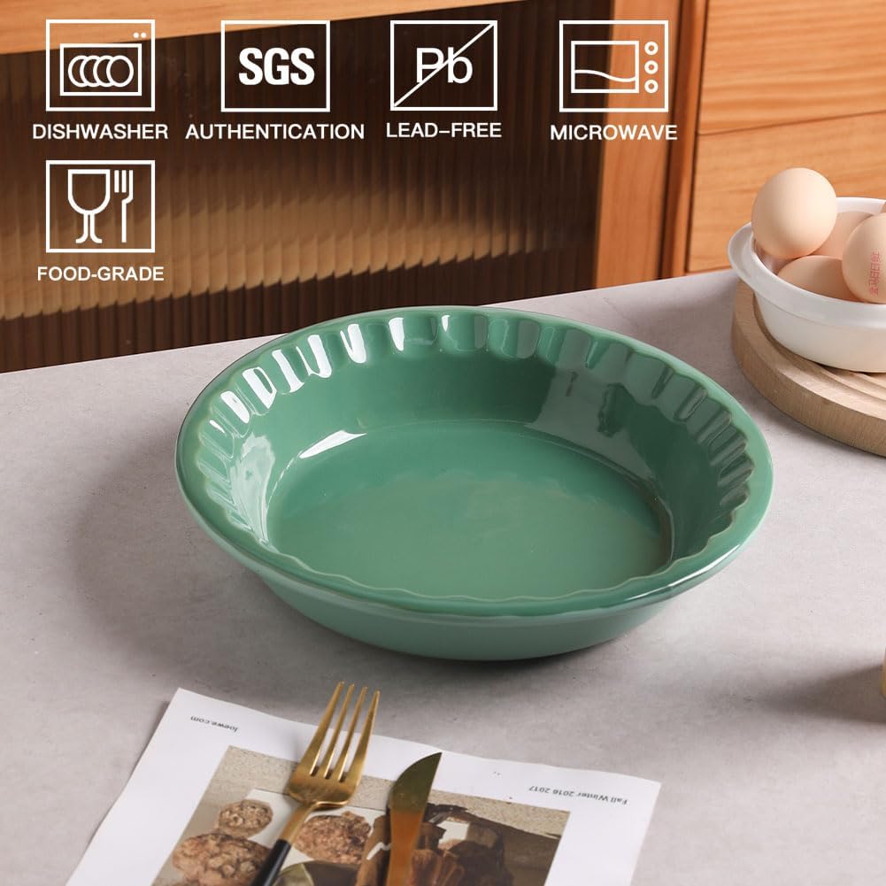 Sweejar Ceramic 10.4 Inches Pie Pan for Baking, Deep and Fluted Porcelain Round Pie Dish, Non-Stick Pie Plate for Pumpkin Pie, Apple Pie, Pie Pots with Morden Farmhouse Design (Green)