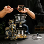 Glass Teapot Set with Infuser Semi Automatic Dragon Tea Set with 6 Small Cups (Blue golden dragon)