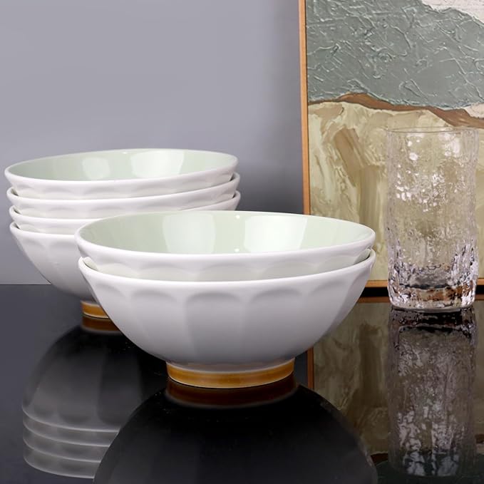 Large Pasta Bowls Set of 6, 29 oz Green Porcelain 7 inch, Microwave Oven Dishwasher Safe for Salad Soup