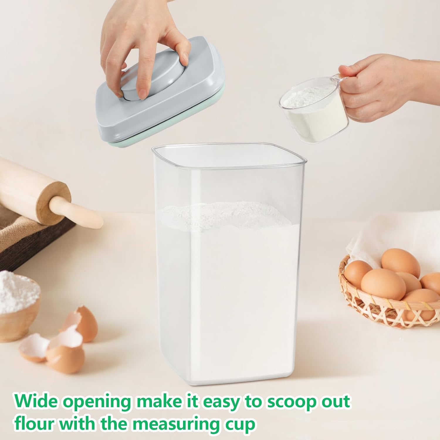 Airtight Flour Rice Storage Container with Pop-up Lid - 4.2 Qt Crystal-Clear Plastic Spaghetti Container, Tall and Slim Food Storage Bin Fit for Kitchen Pantry Organization