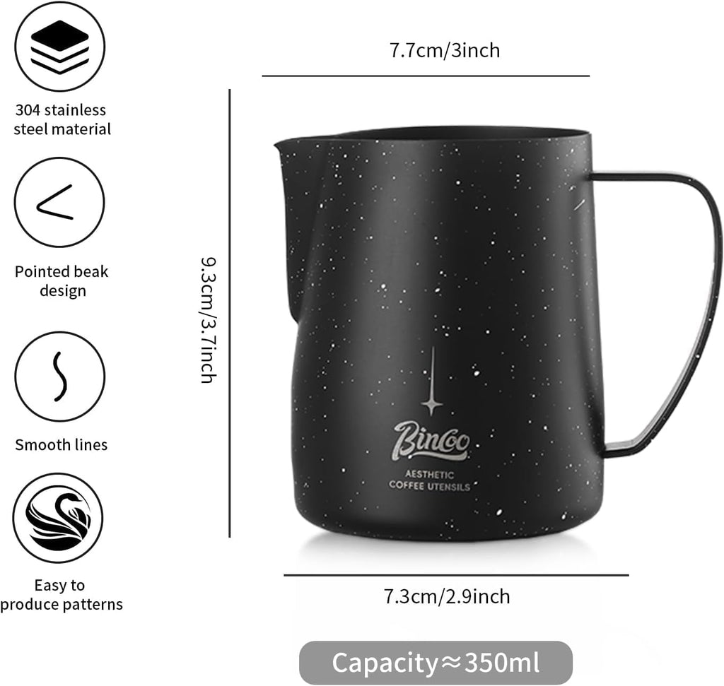 Bincoo Star Milk Frothing Pitcher 12oz,Espresso Steaming Pitcher,Espresso Machine Accessories,Milk Frother cup,Milk Coffee Cappuccino Latte Art,Stainless Steel Jug Cup.(Black 12oz)