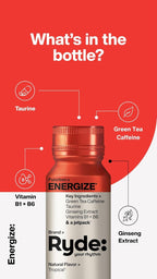 Ryde: Energize Shot | Tropical Flavor | Green Tea Caffeine, Taurine, Ginseng Extract & B Vitamins | 0 Calories, 0 Sugar | 2 FL OZ Shots | Boosts energy* (24 Pack)