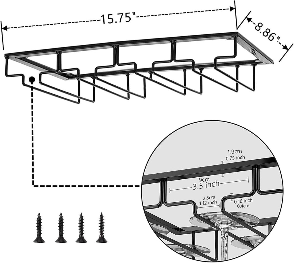 Wine Cup Holder Table Decoration Storage Hanger Metal Organizer for Bar Kitchen Stemware Rack Under Cabinet Stainless Steel Hanger Storage Shelf Black (Black, 4 Rows 2 Packs)