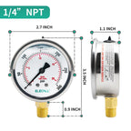 ELECALL 2-1/2" Liquid Glycerin Filled Air Pressure Gauge, 0-300Psi, 1/4" NPT Lower Mount, Stainless Steel Case, Brass Internals, Water Pressure Gauge