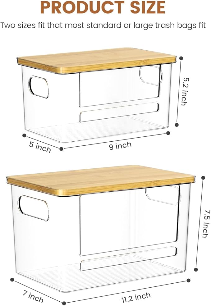 Trash Bag Dispenser 2 Pack (XL+S) - Acrylic Garbage Bags Dispenser with Bamboo Top, Trash Bag Holder Under Sink for Pantry, Kitchen, Laundry Room, Cabinet