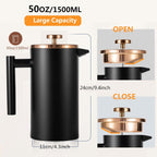 Stainless Steel French Press Coffee Maker 1500ml, Black Double-Wall Insulated Large French Coffee Press for travel camping,Large Capacity （50oz, Black）
