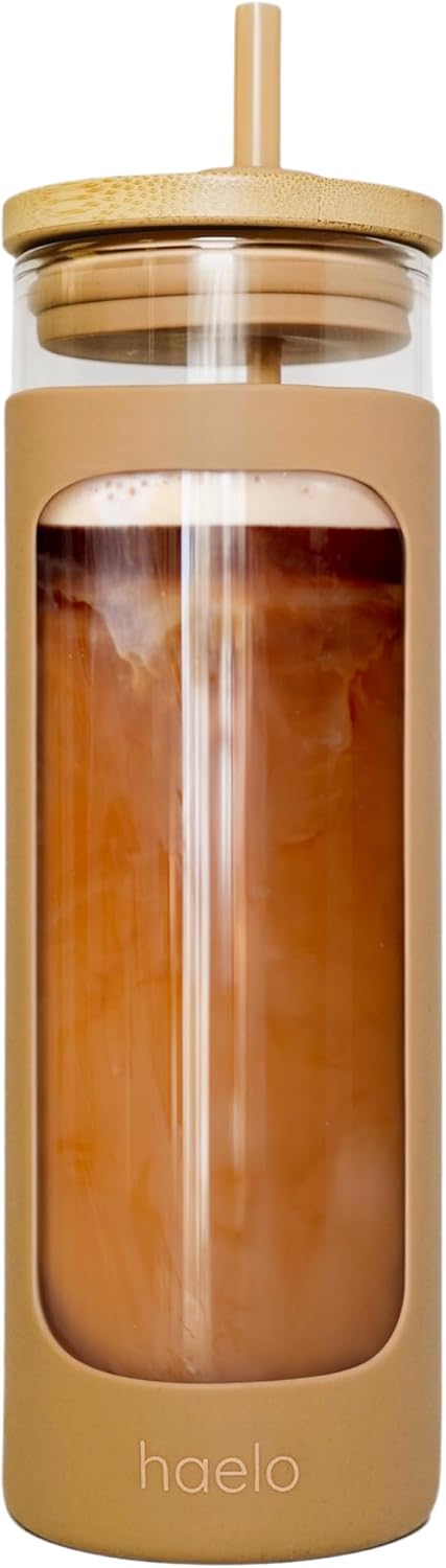 haelo 20oz Glass Tumbler Water Bottle, Iced Coffee Cup with Straw, Silicone Protective Sleeve, Bamboo Lid Reusable BPA Free (Amber)