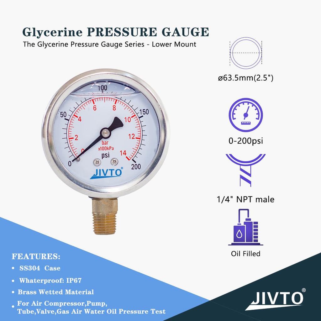 Pressure Gauge,Glycerin Liquid Filled,2.5" Dia,0-200 psi(Single Scale),1/4" NPT Brass Connection,Lower Mount, Stainless Steel Case,for Pneumatic,Pump,Hose,Well Tank,Gas Air Water Oil