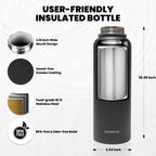Insulated Water Bottle 40 oz, Triple Wall Vacuum Stainless Steel (Cold for 48 Hrs), Leak Proof & Non-BPA, Modern Water Flask Jug with Paracord Handle & Straw Spout Lids, Magic Black