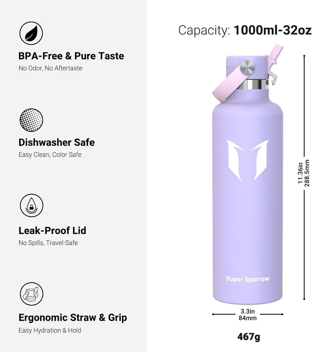 Super Sparrow Insulated Water Bottle - 17 Oz / 25 Oz / 32 Oz - Standard Mouth FlipFlow Flask - BPA Free, Leak Proof Drink Bottle- Ergonomic Straw Water Bottles for Work, Gym, Travel, Sports