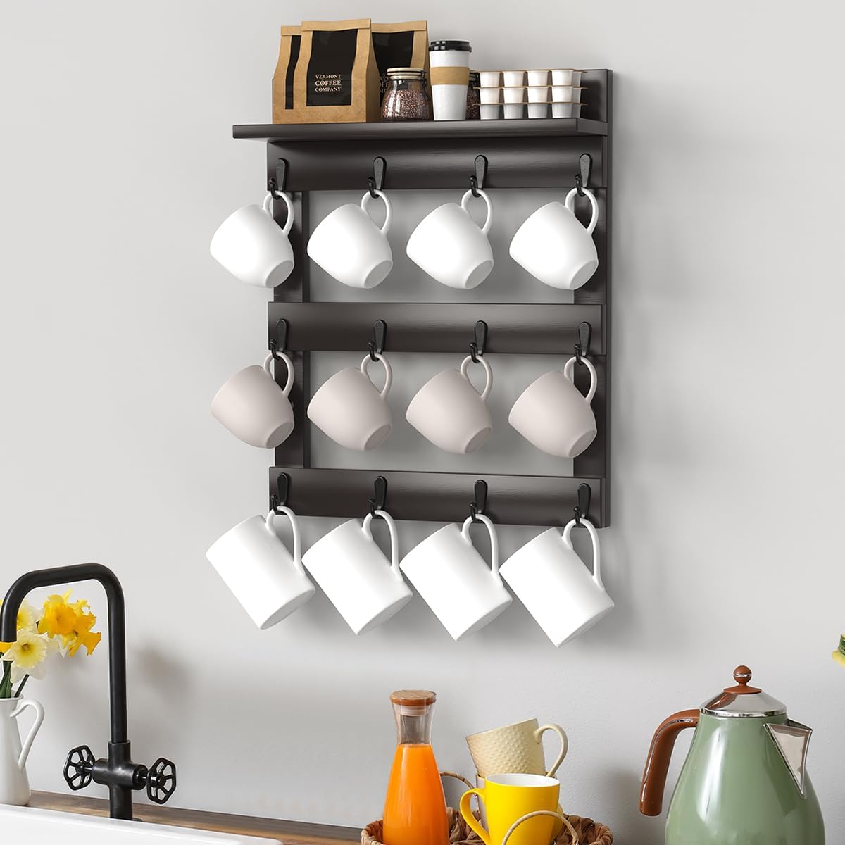 Mug Rack Wall Mounted, Coffee Cup Holder, Bamboo Mug Shelf with 12 Hooks for Home Kitchen Display and Collection