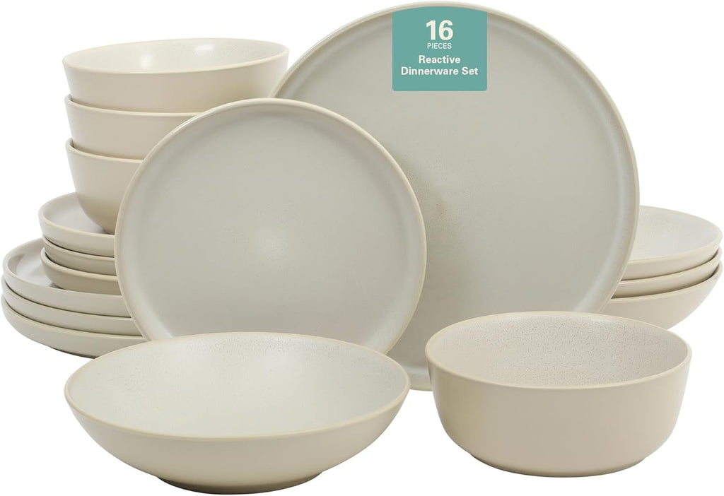 Gibson Elite Tribeca Loft 16-Piece Dinnerware Set – Matte Cream and White Reactive Glaze Stoneware, Double Bowl Round Plates and Bowls – Modern Neutral Tableware for 4, Dishwasher & Microwave Safe