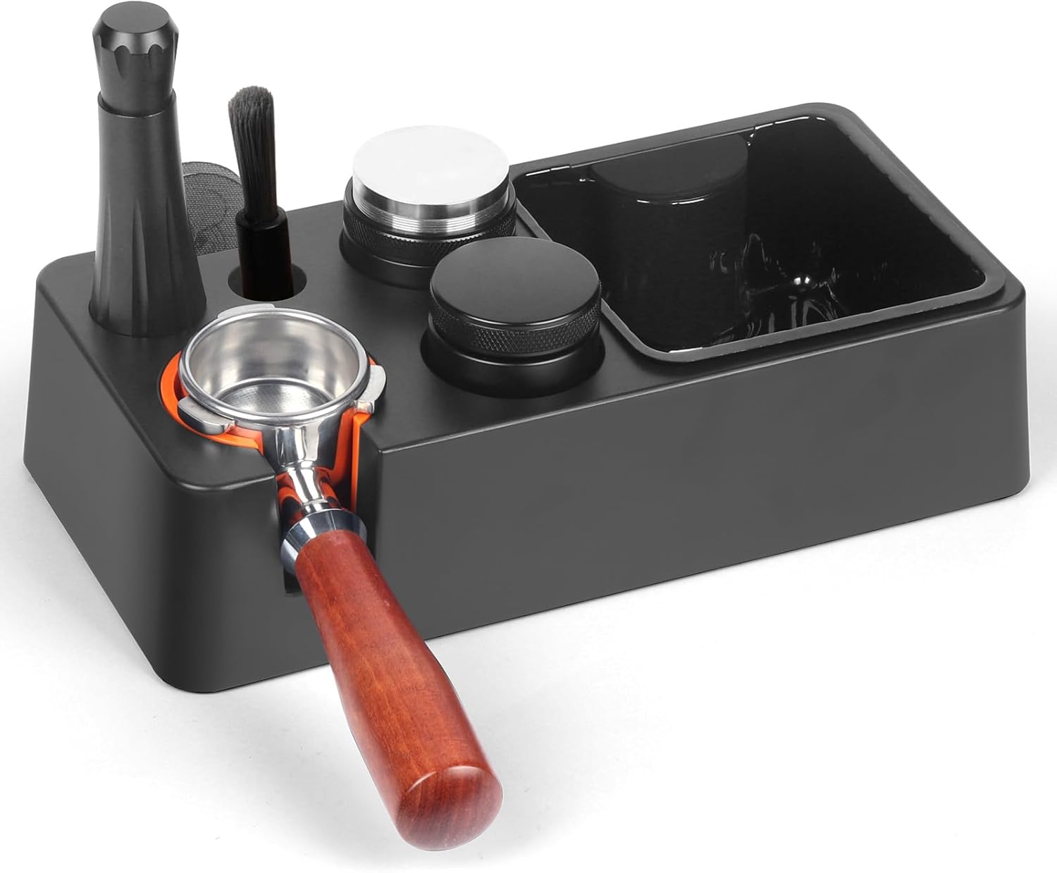 Espresso Knock Box with Storage – 3-in-1 Coffee Organizer & Espresso Tamping Station for 51mm, 53mm, 58mm Tamper – Non-Slip Base, Removable Knock Bin – Barista Accessories Holder for Espresso Machine