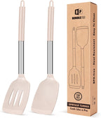 Pack of 2 Silicone Solid Turner, Non Stick Slotted Kitchen Spatulas, High Heat Resistant BPA Free Cooking Utensils, Ideal Cookware for Fish, Eggs, Pancakes(Stainless Steel Khaki)