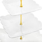 Tebery 2 Pack 3-Tier White Ceramic Embossed Dessert Cake Tower Stand with Gold Carry Handle, Cupcake Stand Serving Trays, Porcelain Party Food Server Display Holder