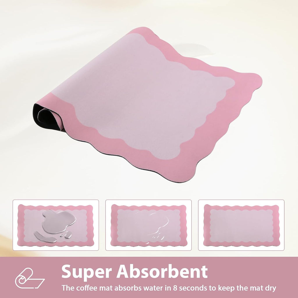 Scalloped Coffee Bar Mat for Countertop, Cute Dish Drying Mats for Kitchen Counter, Diatomite Absorbent Mat for Coffee Station, Kitchen Aesthetic Decor (12"x19", Pink)