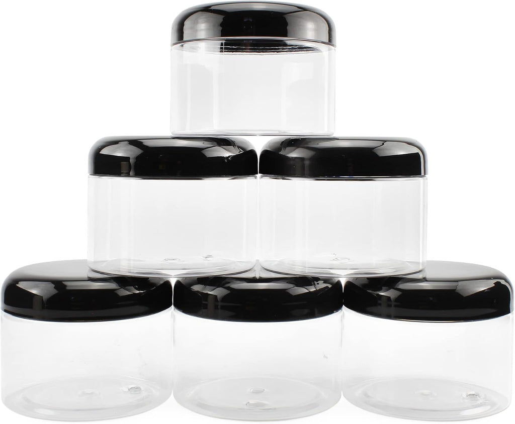Cornucopia Brands 12 Ounce Clear Plastic Jars w/Black Plastic Lids (6-Pack); BPA Free PET Stackable Canisters for Bathroom & Kitchen Storage