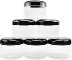 Cornucopia Brands 12 Ounce Clear Plastic Jars w/Black Plastic Lids (6-Pack); BPA Free PET Stackable Canisters for Bathroom & Kitchen Storage