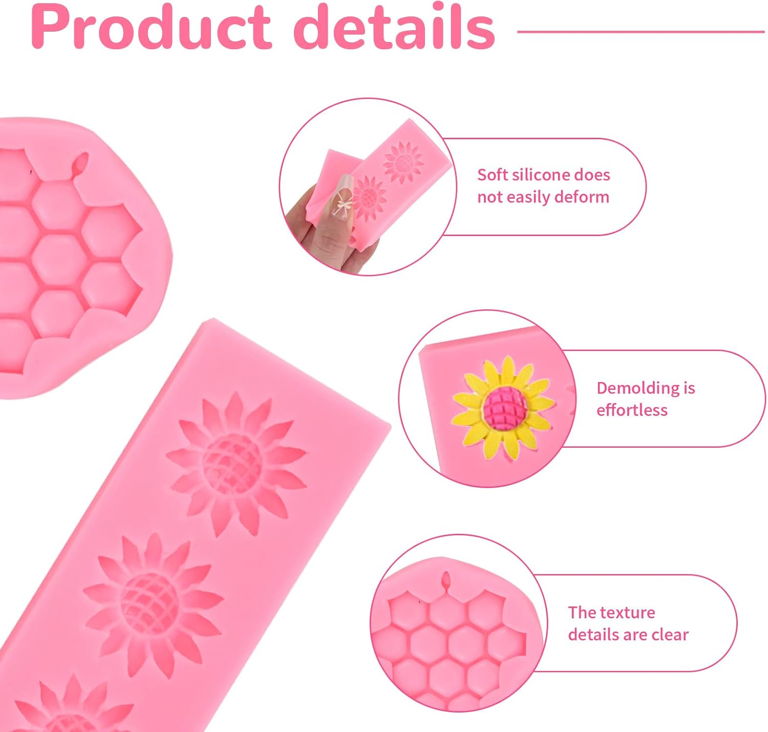 4 Pcs Bumble Bee Silicone Molds Kit with Honeycomb, Bee and Sunflower, Fondant, Chocolate, Cupcake, Cake Decorating, Candy Molds(Pink)